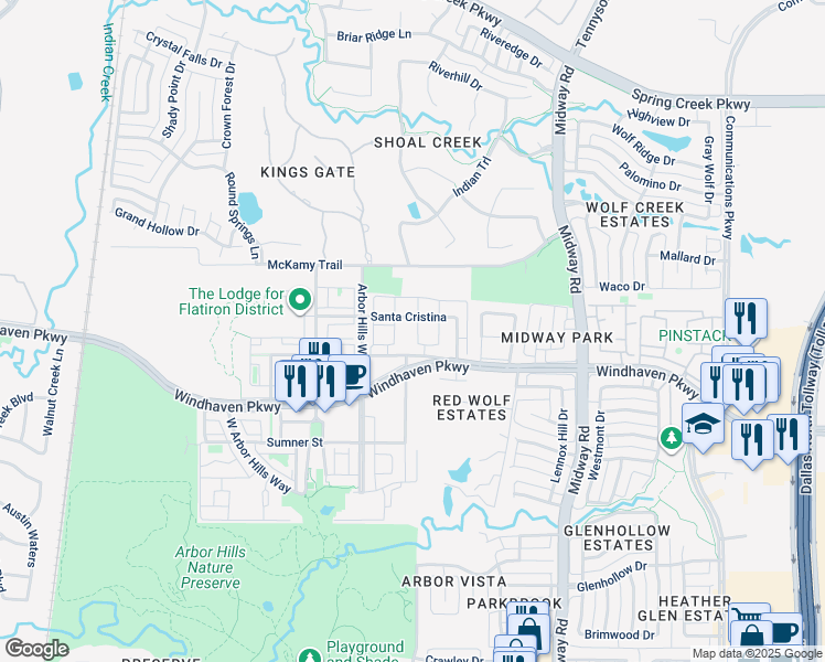 map of restaurants, bars, coffee shops, grocery stores, and more near 6618 Santa Cristina Street in The Colony