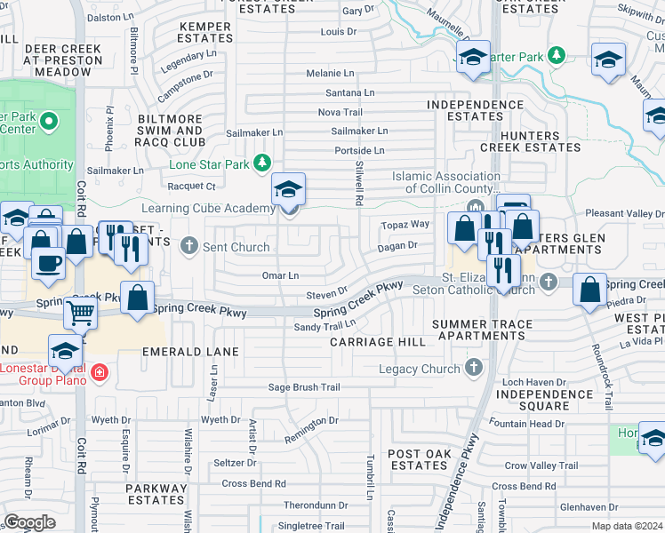map of restaurants, bars, coffee shops, grocery stores, and more near 3305 Omar Lane in Plano