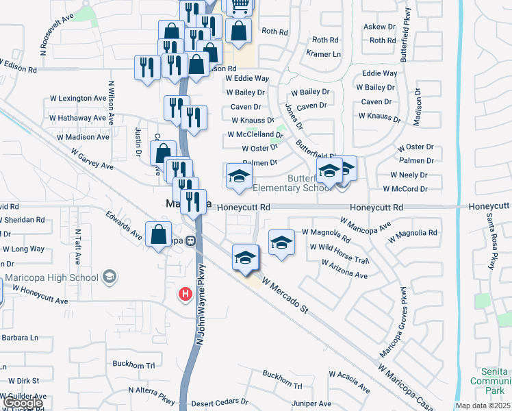 map of restaurants, bars, coffee shops, grocery stores, and more near 35448 Honeycutt Road in Maricopa