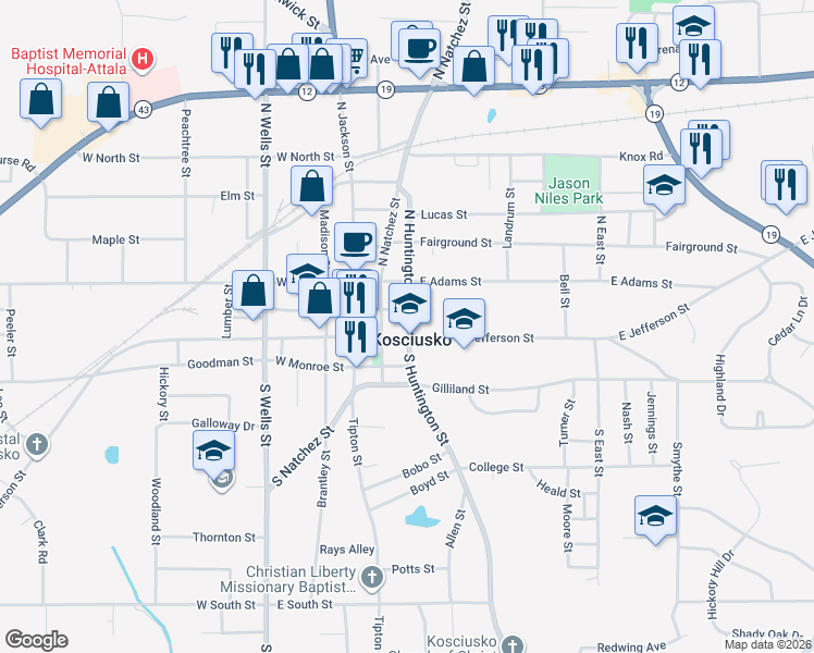 map of restaurants, bars, coffee shops, grocery stores, and more near 301-399 E Washington St in Kosciusko