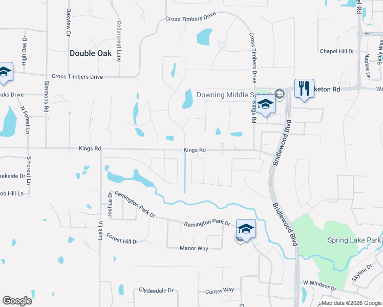map of restaurants, bars, coffee shops, grocery stores, and more near 100 Lake Trail Drive in Double Oak