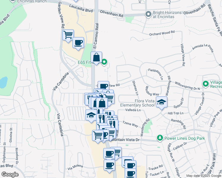 map of restaurants, bars, coffee shops, grocery stores, and more near 1200 Garden View Road in Encinitas