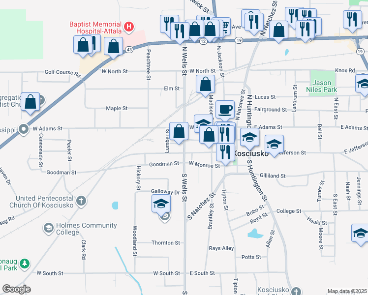 map of restaurants, bars, coffee shops, grocery stores, and more near 121 North Wells Street in Kosciusko