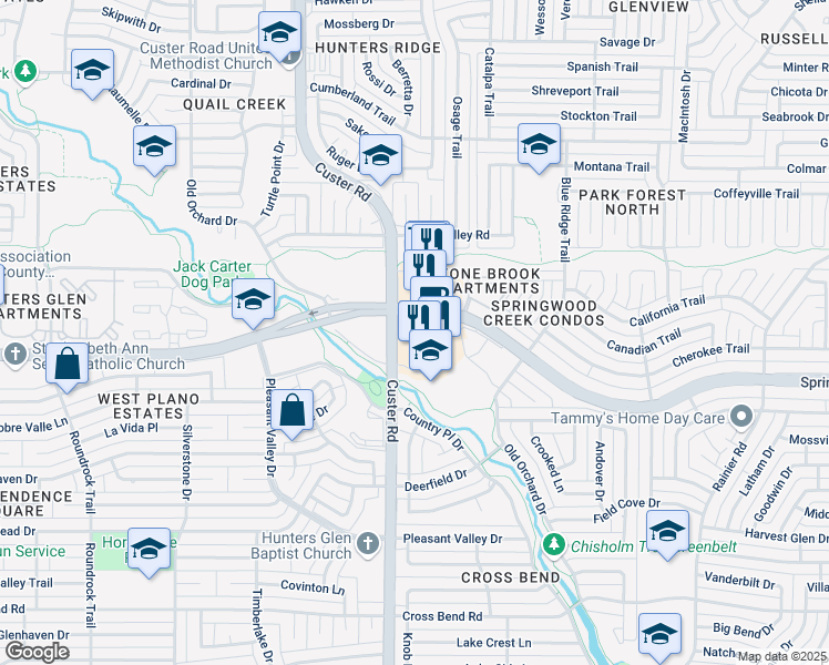 map of restaurants, bars, coffee shops, grocery stores, and more near 2066 West Spring Creek Parkway in Plano