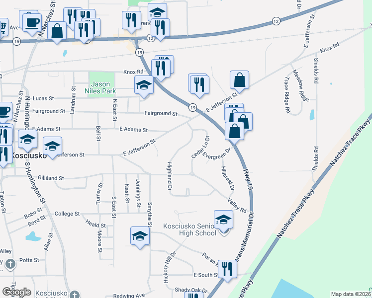 map of restaurants, bars, coffee shops, grocery stores, and more near 108 Highland Drive in Kosciusko