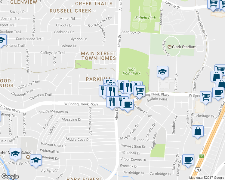 map of restaurants, bars, coffee shops, grocery stores, and more near 913 Longhorn Drive in Plano