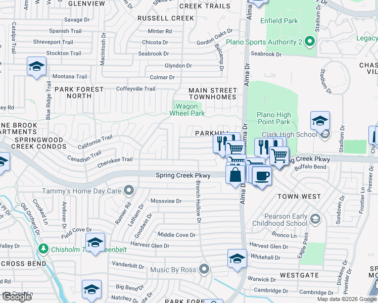 map of restaurants, bars, coffee shops, grocery stores, and more near 1001 Longhorn Drive in Plano