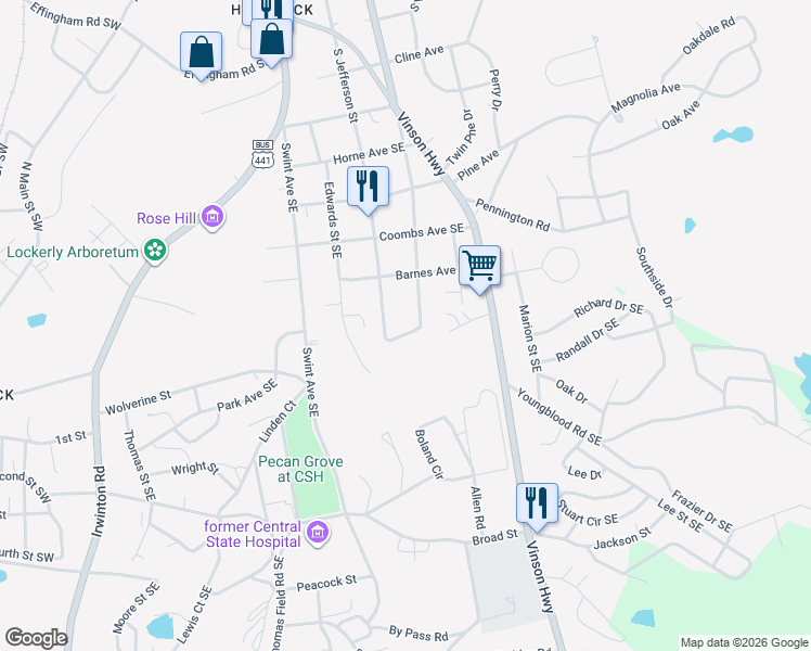 map of restaurants, bars, coffee shops, grocery stores, and more near 1498 South Jefferson Street in Milledgeville