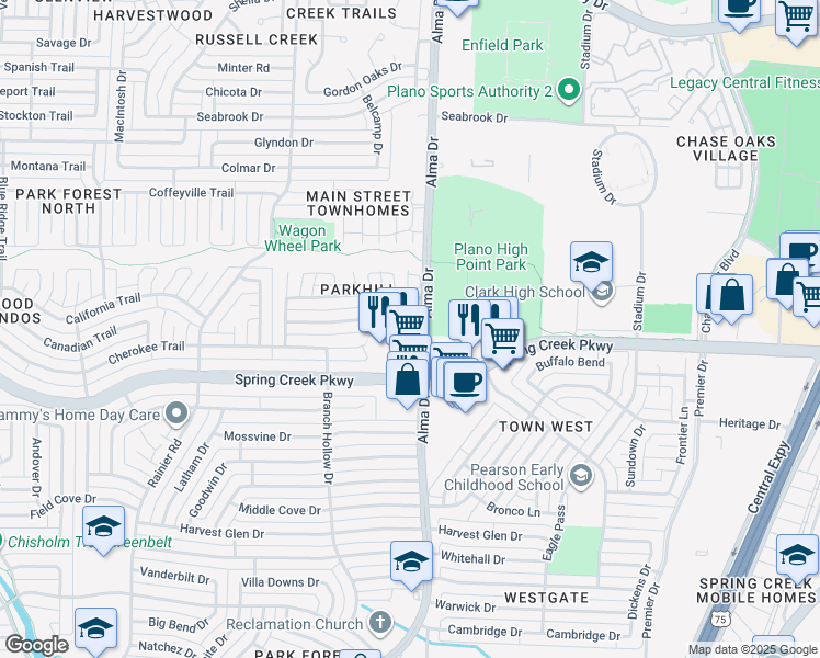 map of restaurants, bars, coffee shops, grocery stores, and more near 913 Longhorn Drive in Plano