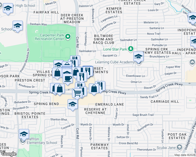 map of restaurants, bars, coffee shops, grocery stores, and more near 6400 Cheyenne Trail in Plano