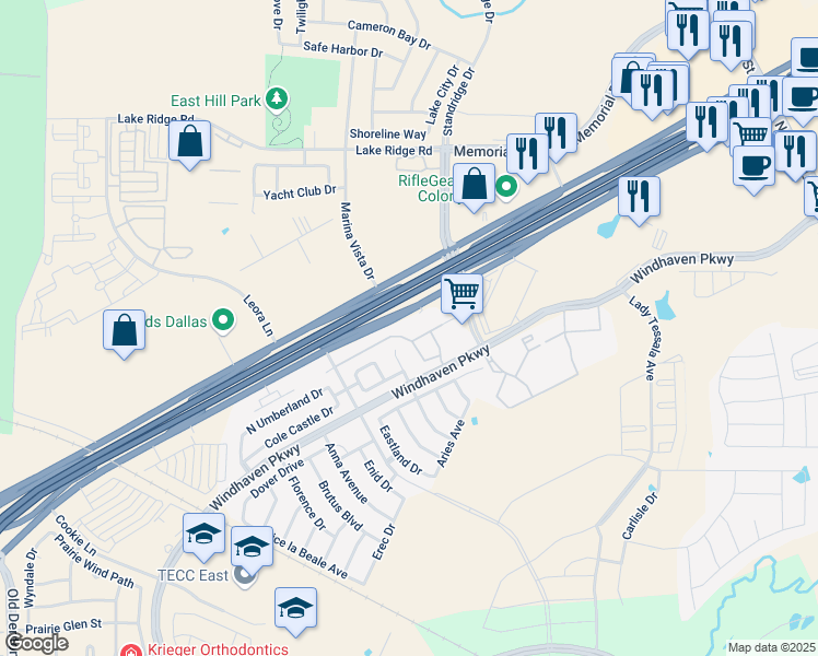 map of restaurants, bars, coffee shops, grocery stores, and more near 3217 Damsel Sauvage Lane in Lewisville