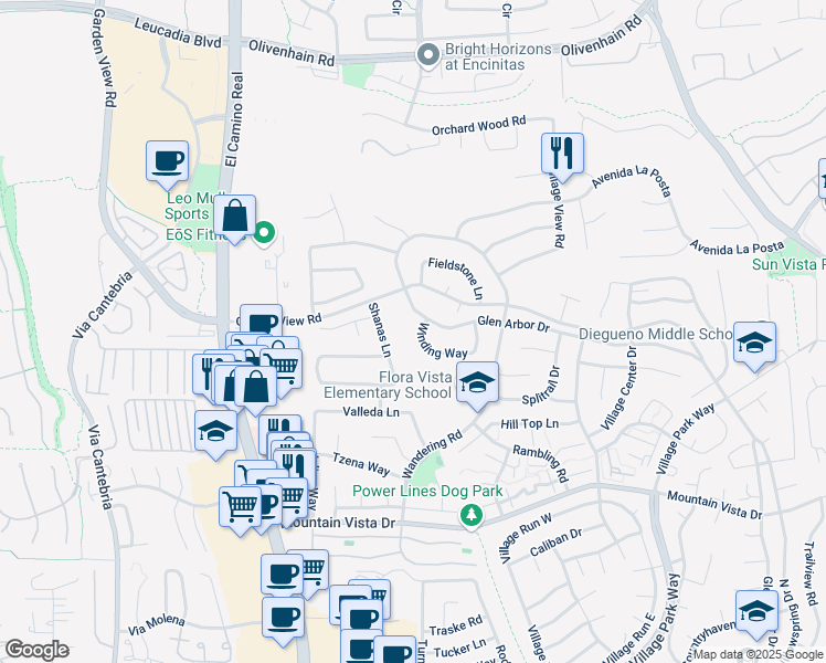 map of restaurants, bars, coffee shops, grocery stores, and more near 715 Winding Way in Encinitas