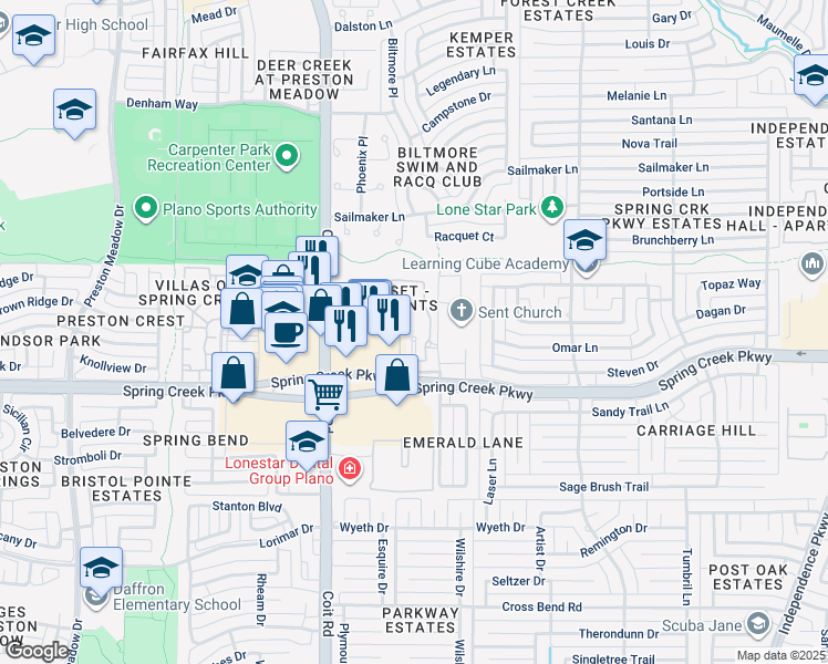 map of restaurants, bars, coffee shops, grocery stores, and more near 3801 West Spring Creek Parkway in Plano