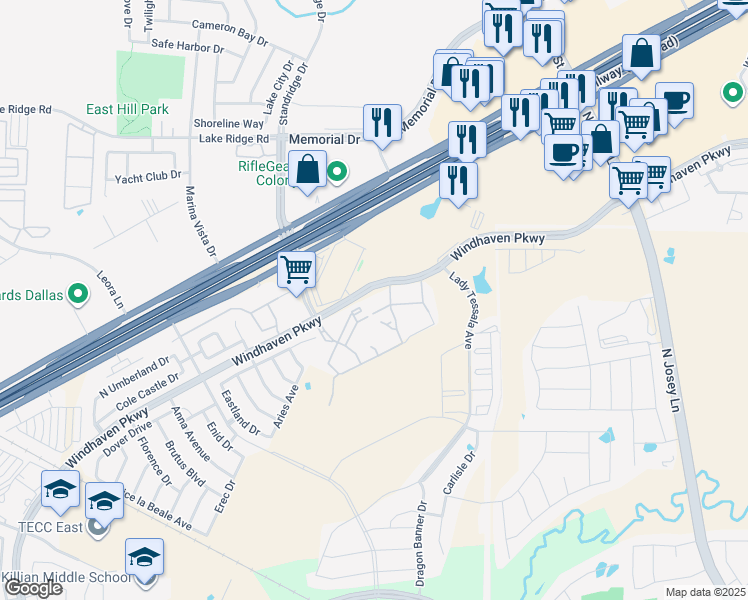 map of restaurants, bars, coffee shops, grocery stores, and more near 3600 Windhaven Parkway in Lewisville