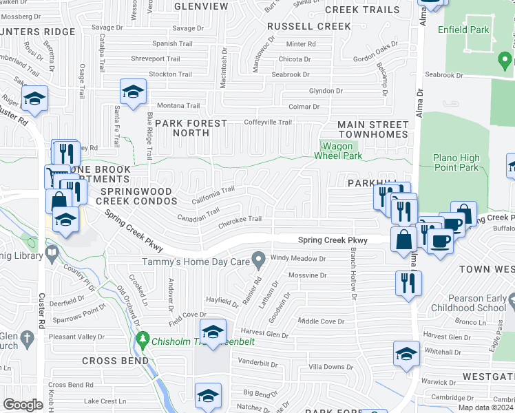 map of restaurants, bars, coffee shops, grocery stores, and more near 11831 Oregon Court in Plano