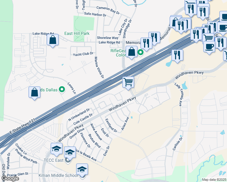 map of restaurants, bars, coffee shops, grocery stores, and more near 3217 Damsel Sauvage Lane in Lewisville