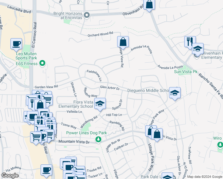 map of restaurants, bars, coffee shops, grocery stores, and more near 940 Glen Arbor Drive in Encinitas