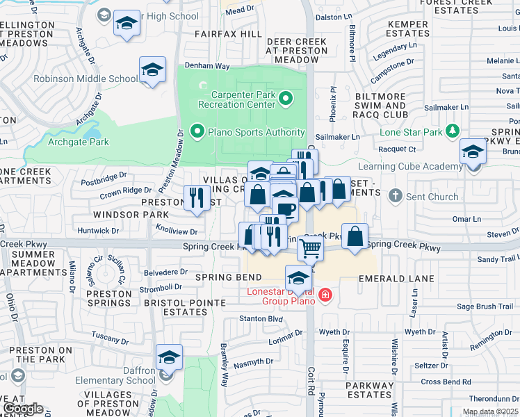 map of restaurants, bars, coffee shops, grocery stores, and more near 6300 Stonewood Drive in Plano