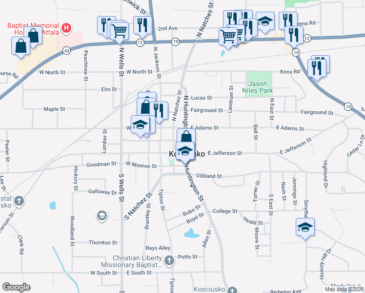 map of restaurants, bars, coffee shops, grocery stores, and more near 301-399 E Washington St in Kosciusko
