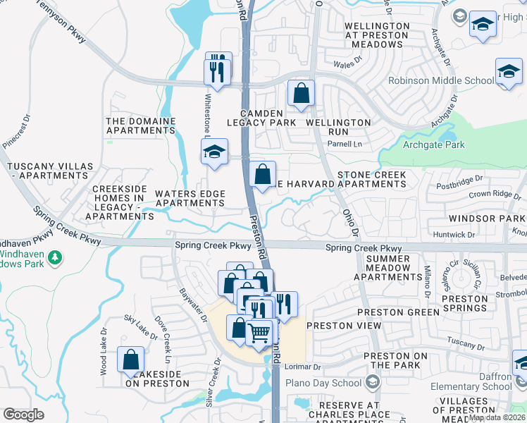 map of restaurants, bars, coffee shops, grocery stores, and more near 6200 Preston Road in Plano