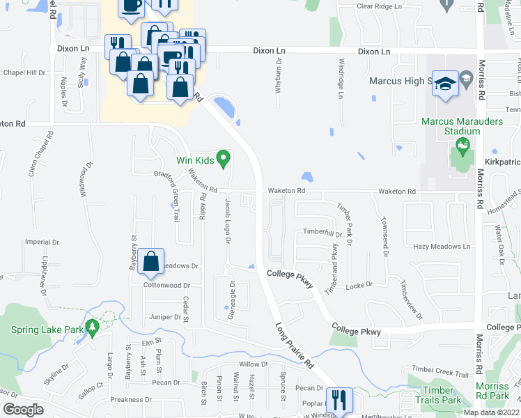 map of restaurants, bars, coffee shops, grocery stores, and more near 5310 Long Prairie Road in Flower Mound