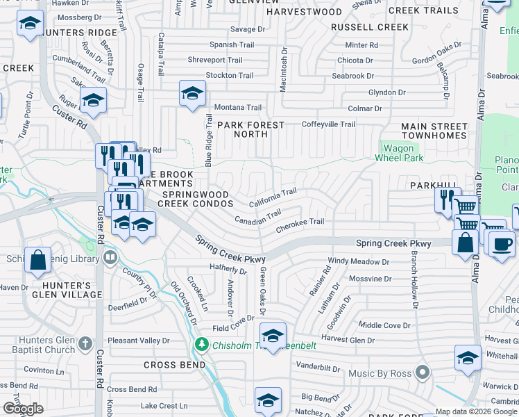 map of restaurants, bars, coffee shops, grocery stores, and more near 1536 California Trail in Plano