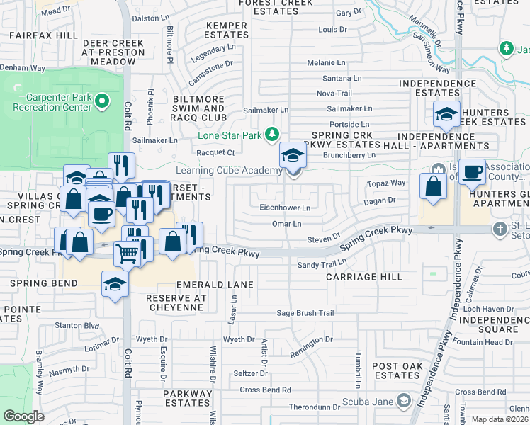 map of restaurants, bars, coffee shops, grocery stores, and more near 3513 Eisenhower Lane in Plano
