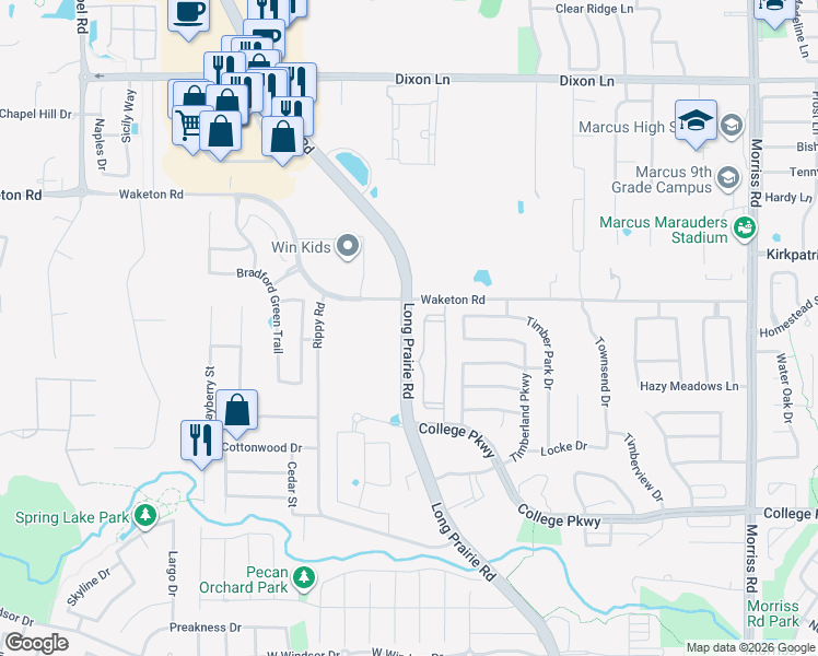 map of restaurants, bars, coffee shops, grocery stores, and more near 5312 Long Prairie Road in Flower Mound