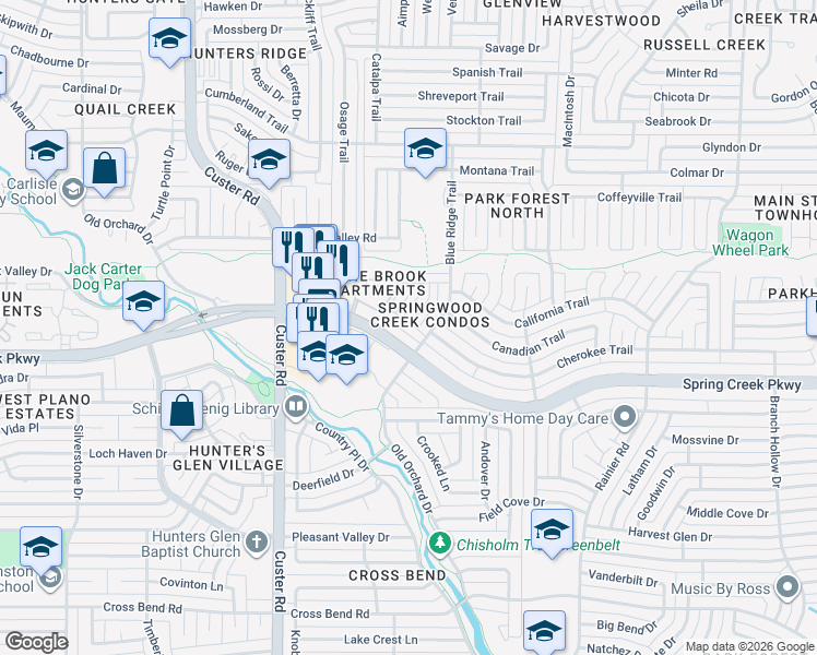 map of restaurants, bars, coffee shops, grocery stores, and more near 1801 West Spring Creek Parkway in Plano