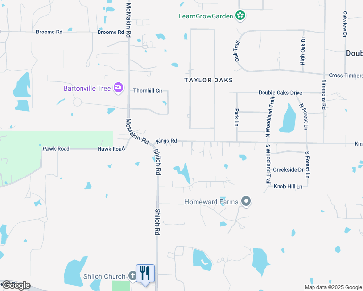 map of restaurants, bars, coffee shops, grocery stores, and more near 6213 Kings Road in Lewisville