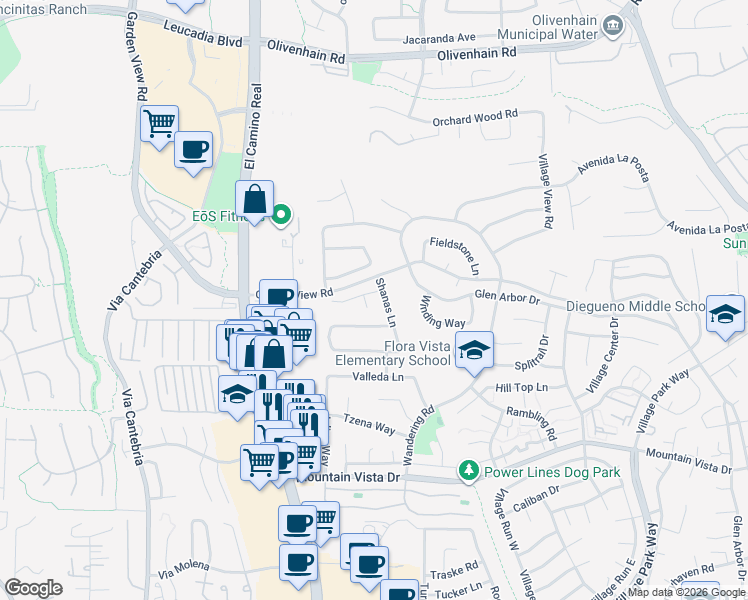 map of restaurants, bars, coffee shops, grocery stores, and more near 642 Shanas Lane in Encinitas