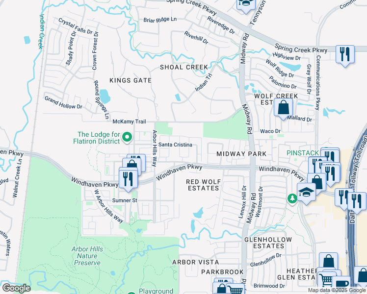 map of restaurants, bars, coffee shops, grocery stores, and more near 6618 Santa Cristina in The Colony