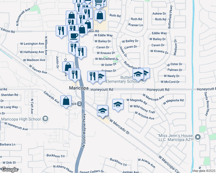 map of restaurants, bars, coffee shops, grocery stores, and more near 4400 Honeycutt Road in Maricopa