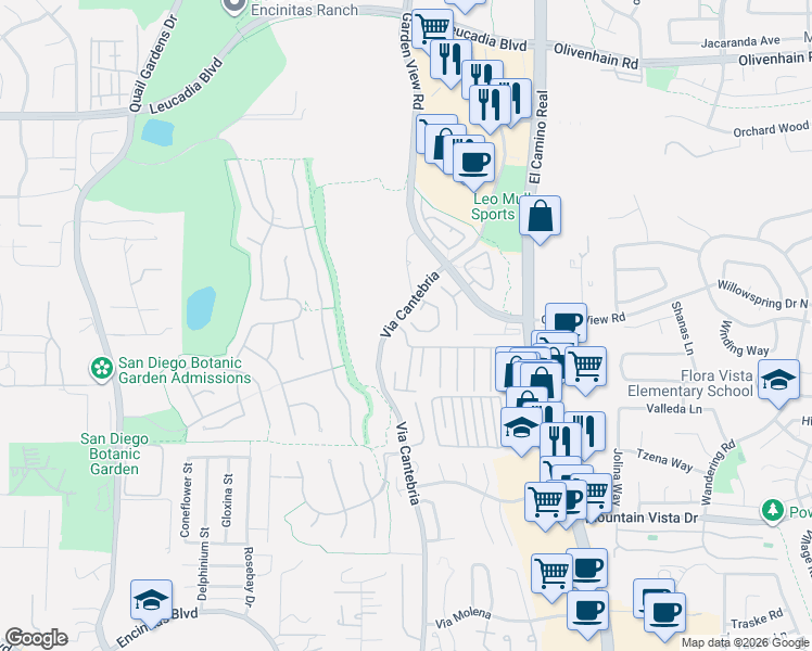 map of restaurants, bars, coffee shops, grocery stores, and more near 1181 Pacifica Place in Encinitas