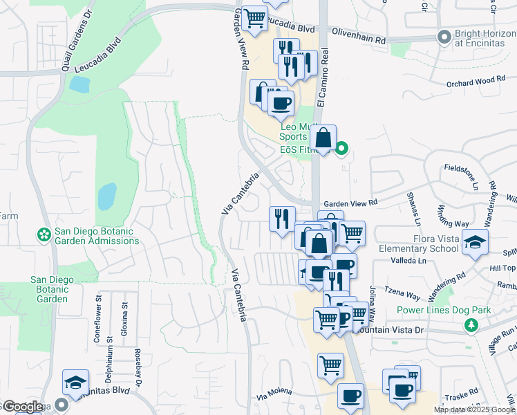 map of restaurants, bars, coffee shops, grocery stores, and more near 1125 Pacifica Place in Encinitas