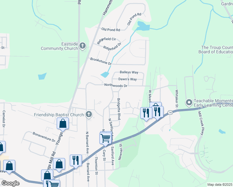 map of restaurants, bars, coffee shops, grocery stores, and more near 102 Amy Avenue in LaGrange