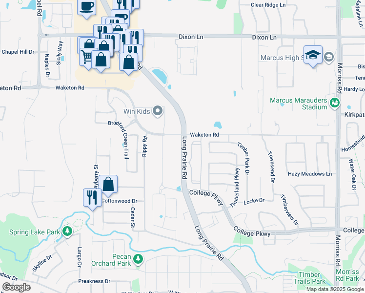 map of restaurants, bars, coffee shops, grocery stores, and more near 5337 Long Prairie Road in Flower Mound