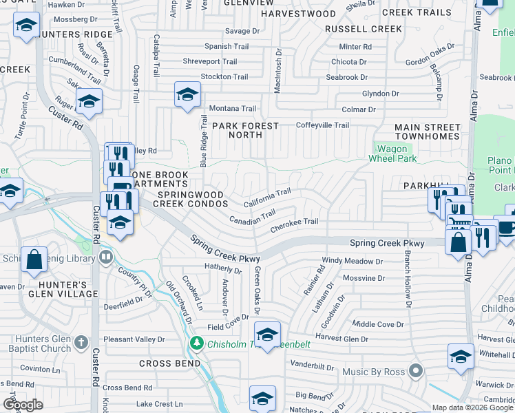 map of restaurants, bars, coffee shops, grocery stores, and more near 1536 California Trail in Plano