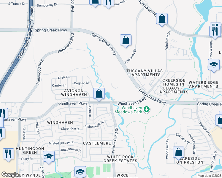 map of restaurants, bars, coffee shops, grocery stores, and more near Windhaven Pkwy in Plano