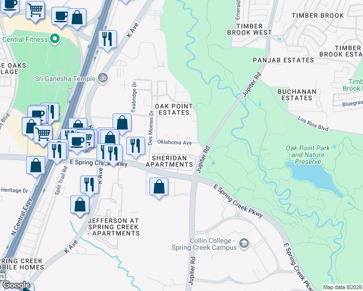 map of restaurants, bars, coffee shops, grocery stores, and more near 2212 Oklahoma Avenue in Plano