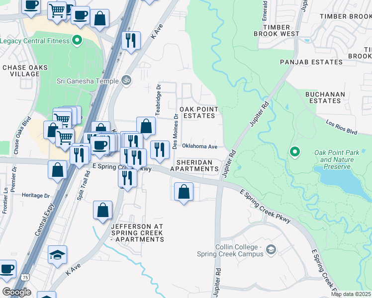 map of restaurants, bars, coffee shops, grocery stores, and more near 2036 Oklahoma Avenue in Plano