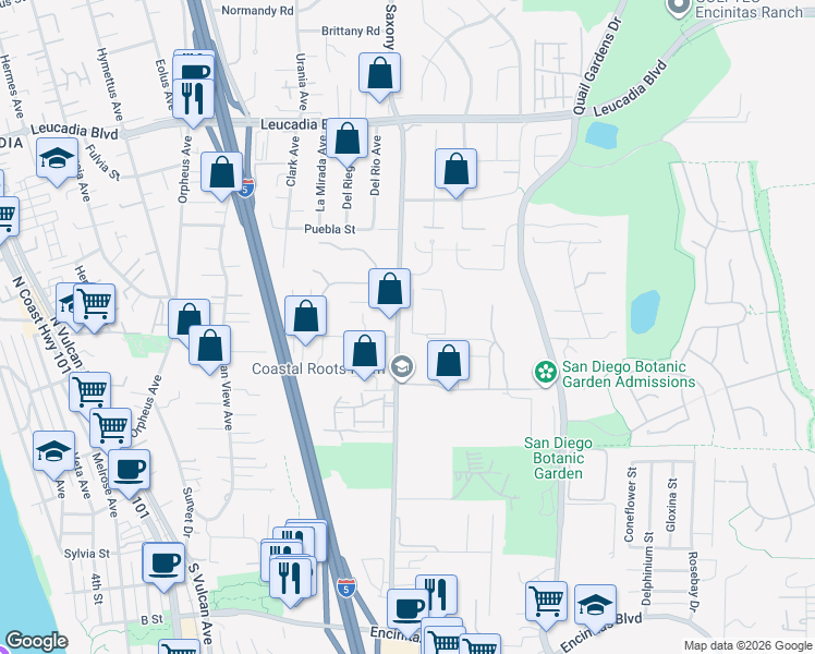 map of restaurants, bars, coffee shops, grocery stores, and more near 511 Saxony Road in Encinitas