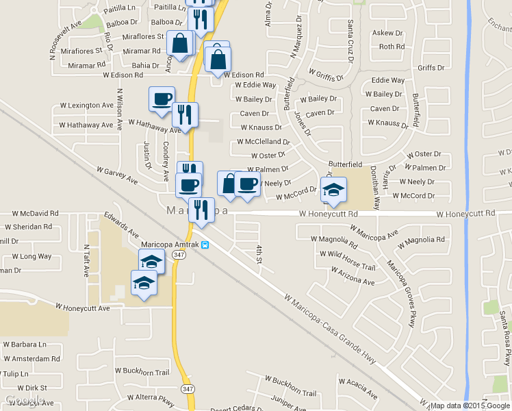 map of restaurants, bars, coffee shops, grocery stores, and more near 4400 Honeycutt Road in Maricopa