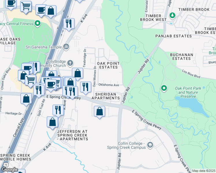 map of restaurants, bars, coffee shops, grocery stores, and more near 2048 Oklahoma Avenue in Plano