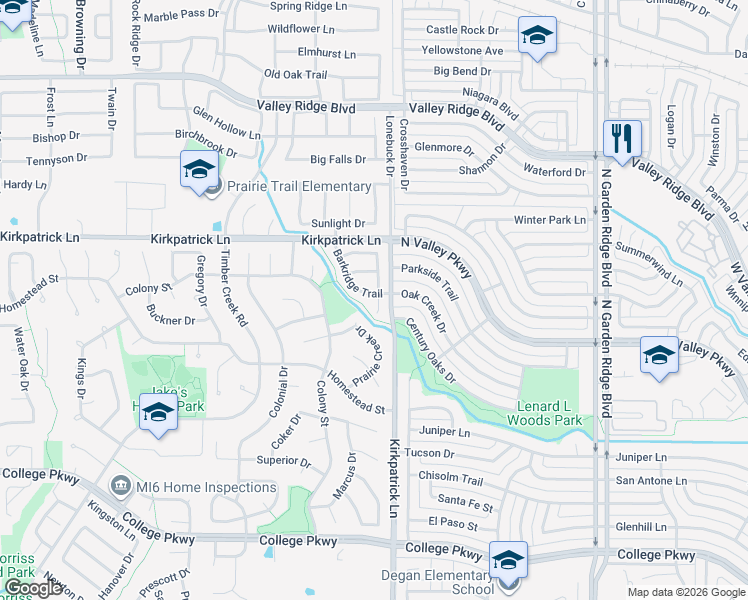 map of restaurants, bars, coffee shops, grocery stores, and more near 5301 Barkridge Trail in Flower Mound