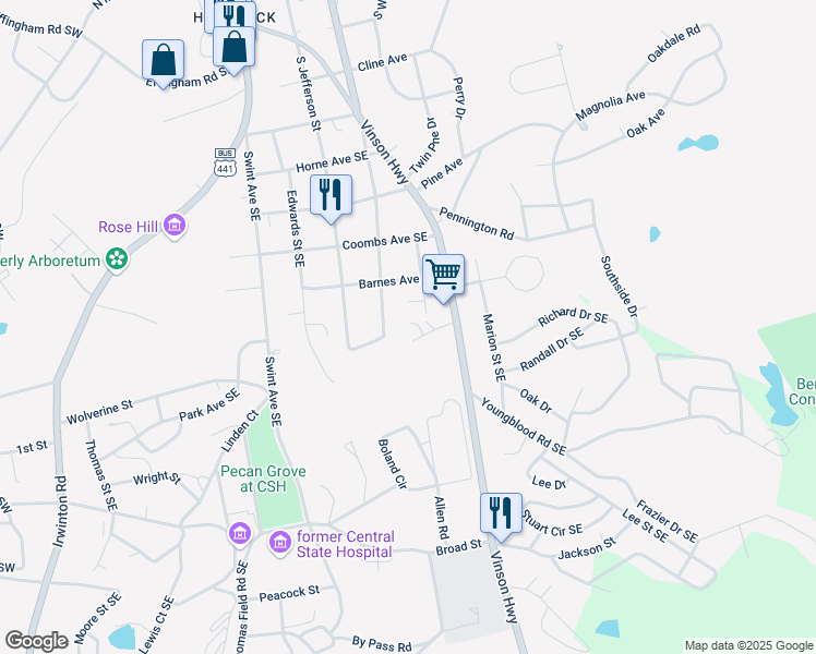 map of restaurants, bars, coffee shops, grocery stores, and more near 113a Scott Hill Street in Milledgeville