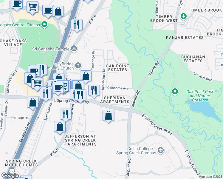 map of restaurants, bars, coffee shops, grocery stores, and more near 2048 Oklahoma Avenue in Plano