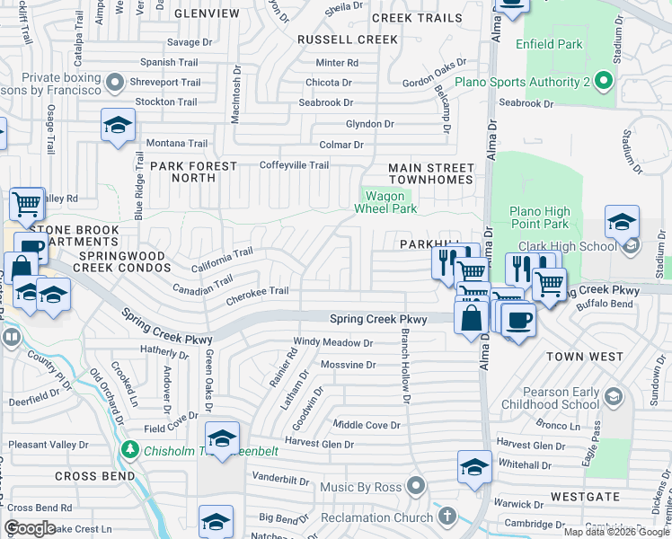 map of restaurants, bars, coffee shops, grocery stores, and more near 1302 Marcy Court in Plano