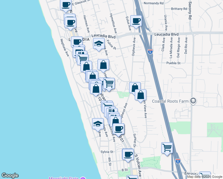 map of restaurants, bars, coffee shops, grocery stores, and more near 506 Hermes Avenue in Encinitas