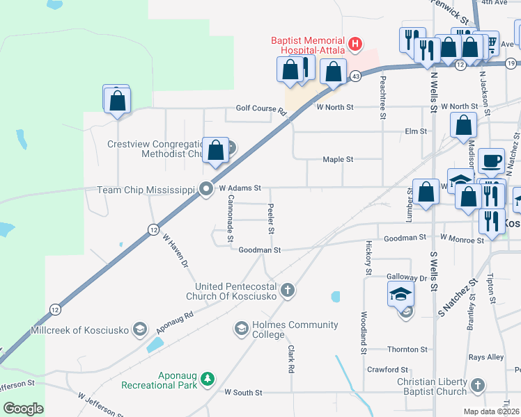 map of restaurants, bars, coffee shops, grocery stores, and more near 207 Carter Street in Kosciusko